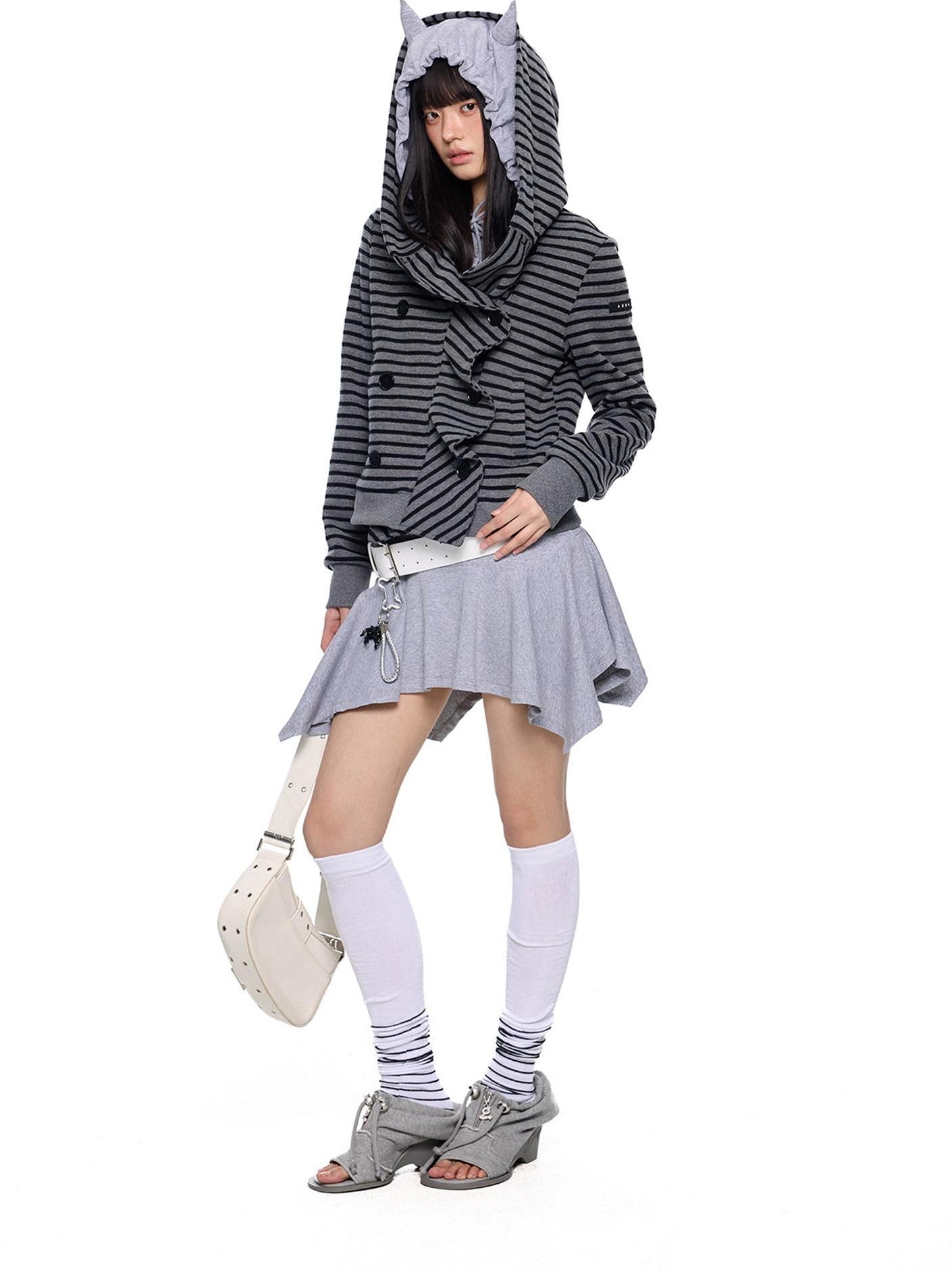 EZEK Black Gray Striped Deconstructed Patchwork Zip Women's Cotton Blend Hoodies