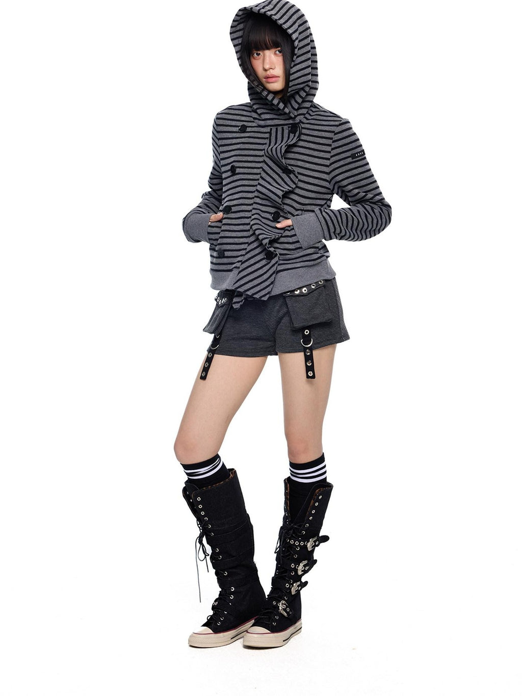 EZEK Black Gray Striped Deconstructed Patchwork Zip Women's Cotton Blend Hoodies