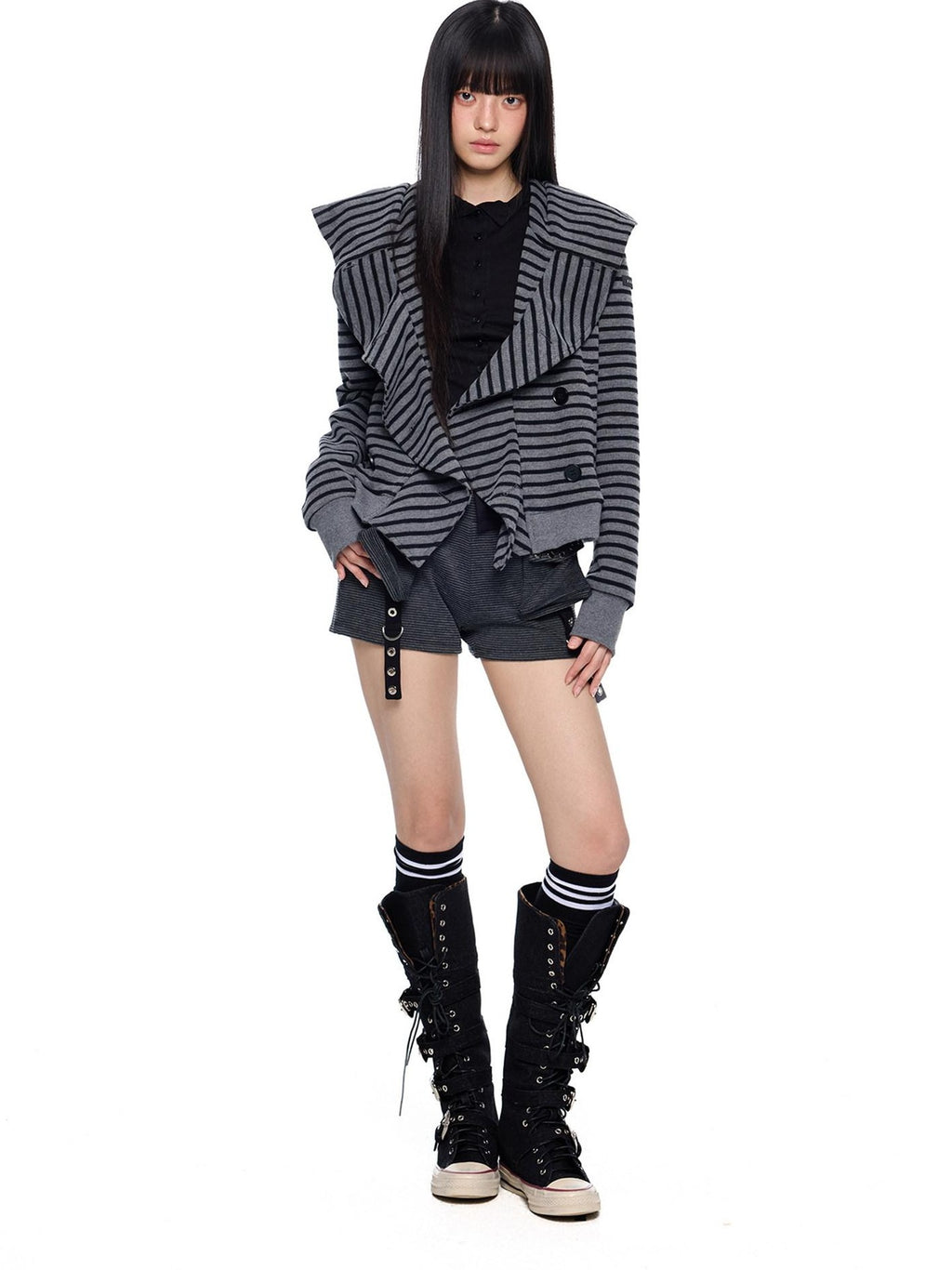 EZEK Black Gray Striped Deconstructed Patchwork Zip Women's Cotton Blend Hoodies
