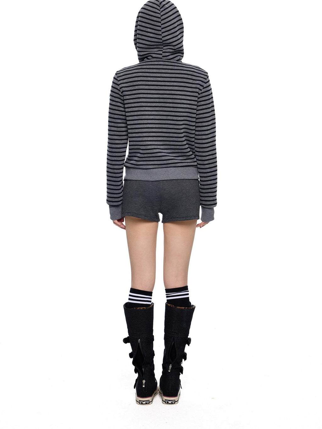 EZEK Black Gray Striped Deconstructed Patchwork Zip Women's Cotton Blend Hoodies