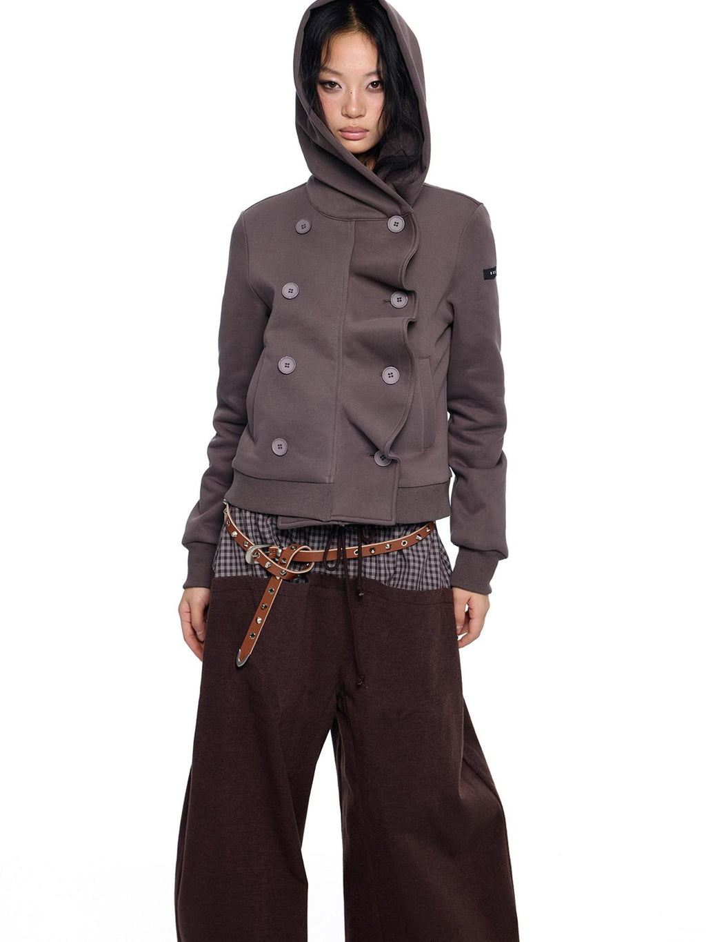 EZEK Black Gray Striped Deconstructed Patchwork Zip Women's Cotton Blend Hoodies