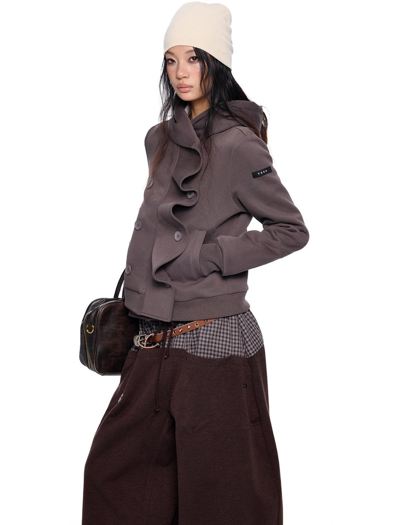 EZEK Black Gray Striped Deconstructed Patchwork Zip Women's Cotton Blend Hoodies