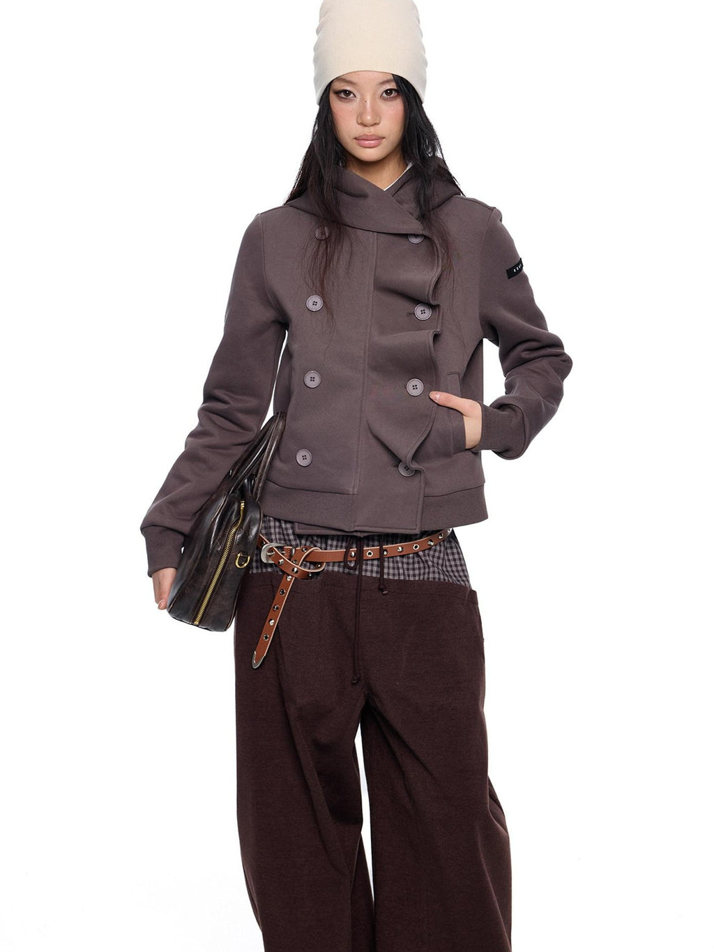 EZEK Black Gray Striped Deconstructed Patchwork Zip Women's Cotton Blend Hoodies