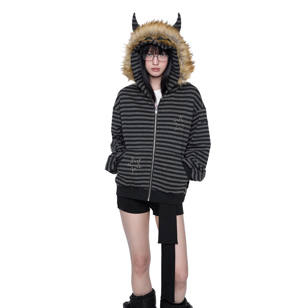 EZEK_Black_Gray_Striped_Devil_Ear_Detachable_Fur_Women's_Cotton_Blend_Zip-up_Hoodies_961189150155_MISSTT