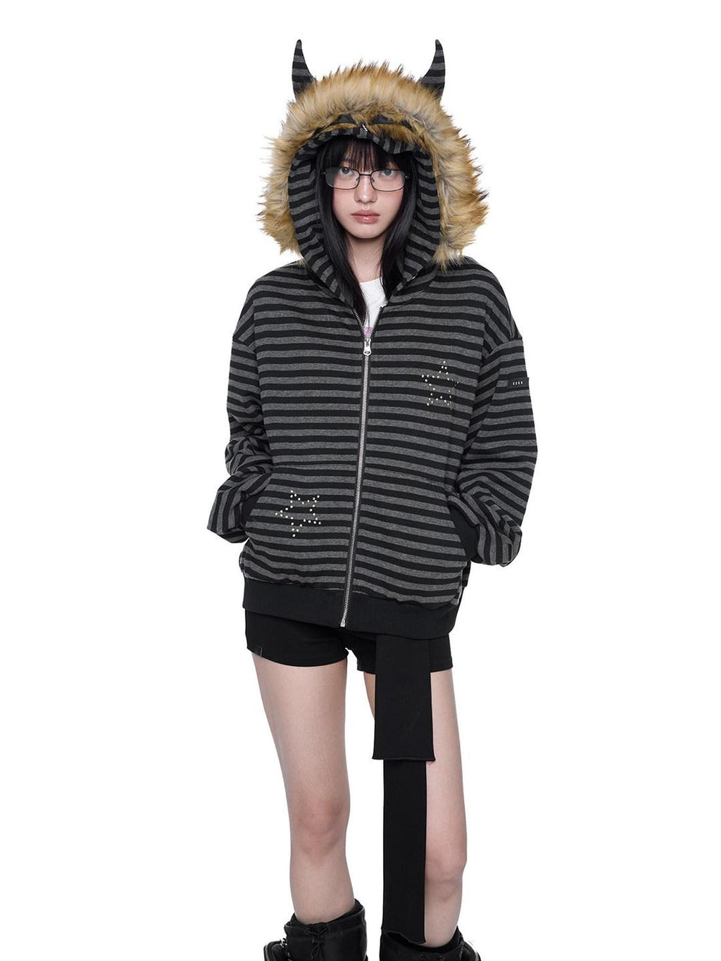 EZEK Black Gray Striped Devil Ear Detachable Fur Women's Cotton Blend Zip-up Hoodies