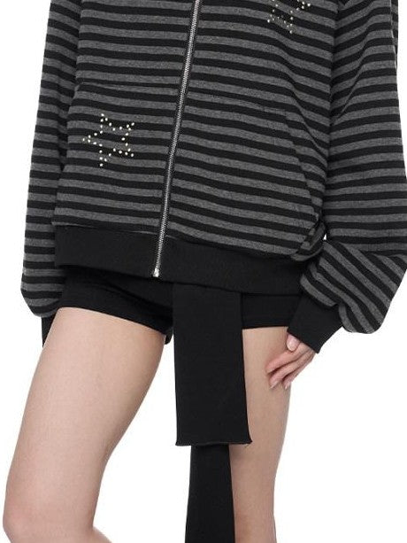 EZEK Black Gray Striped Devil Ear Detachable Fur Women's Cotton Blend Zip-up Hoodies