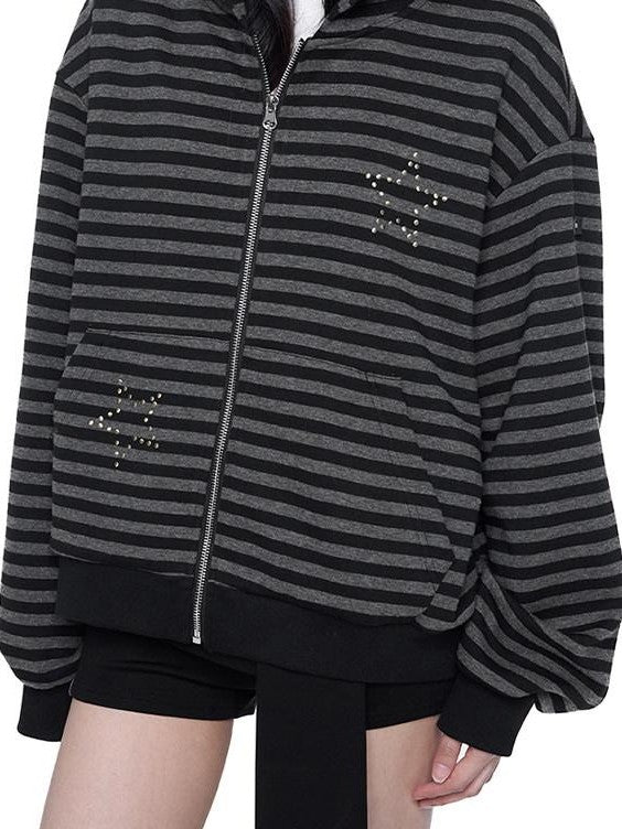 EZEK Black Gray Striped Devil Ear Detachable Fur Women's Cotton Blend Zip-up Hoodies