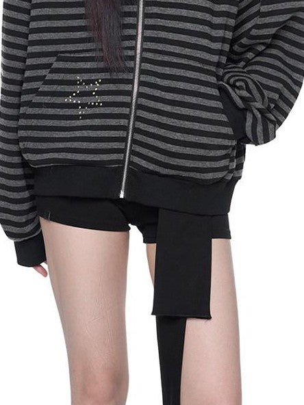 EZEK Black Gray Striped Devil Ear Detachable Fur Women's Cotton Blend Zip-up Hoodies