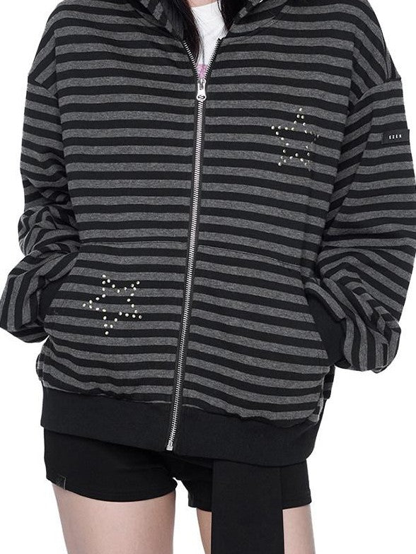 EZEK Black Gray Striped Devil Ear Detachable Fur Women's Cotton Blend Zip-up Hoodies