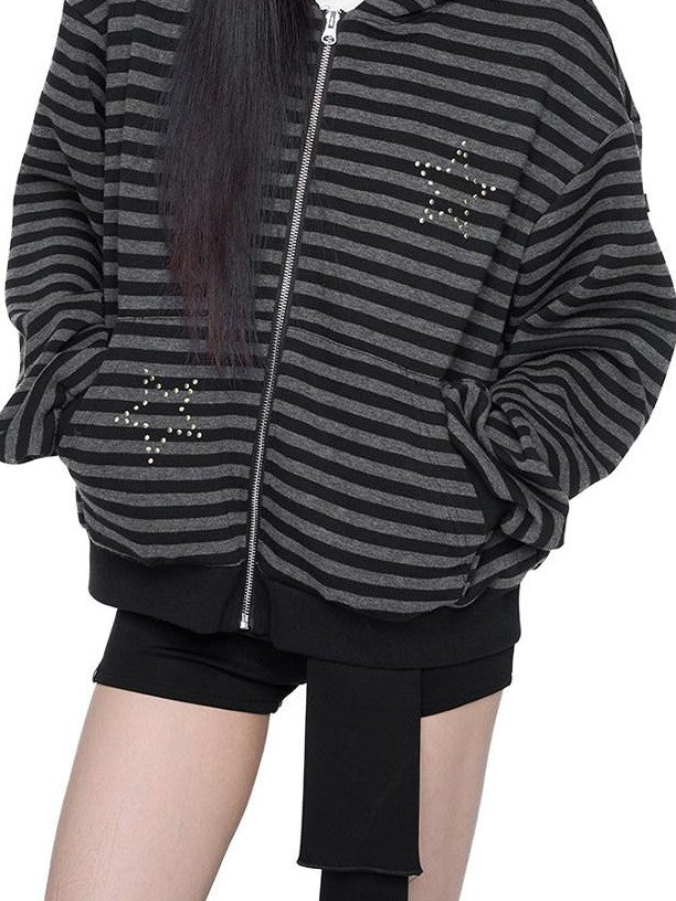 EZEK Black Gray Striped Devil Ear Detachable Fur Women's Cotton Blend Zip-up Hoodies