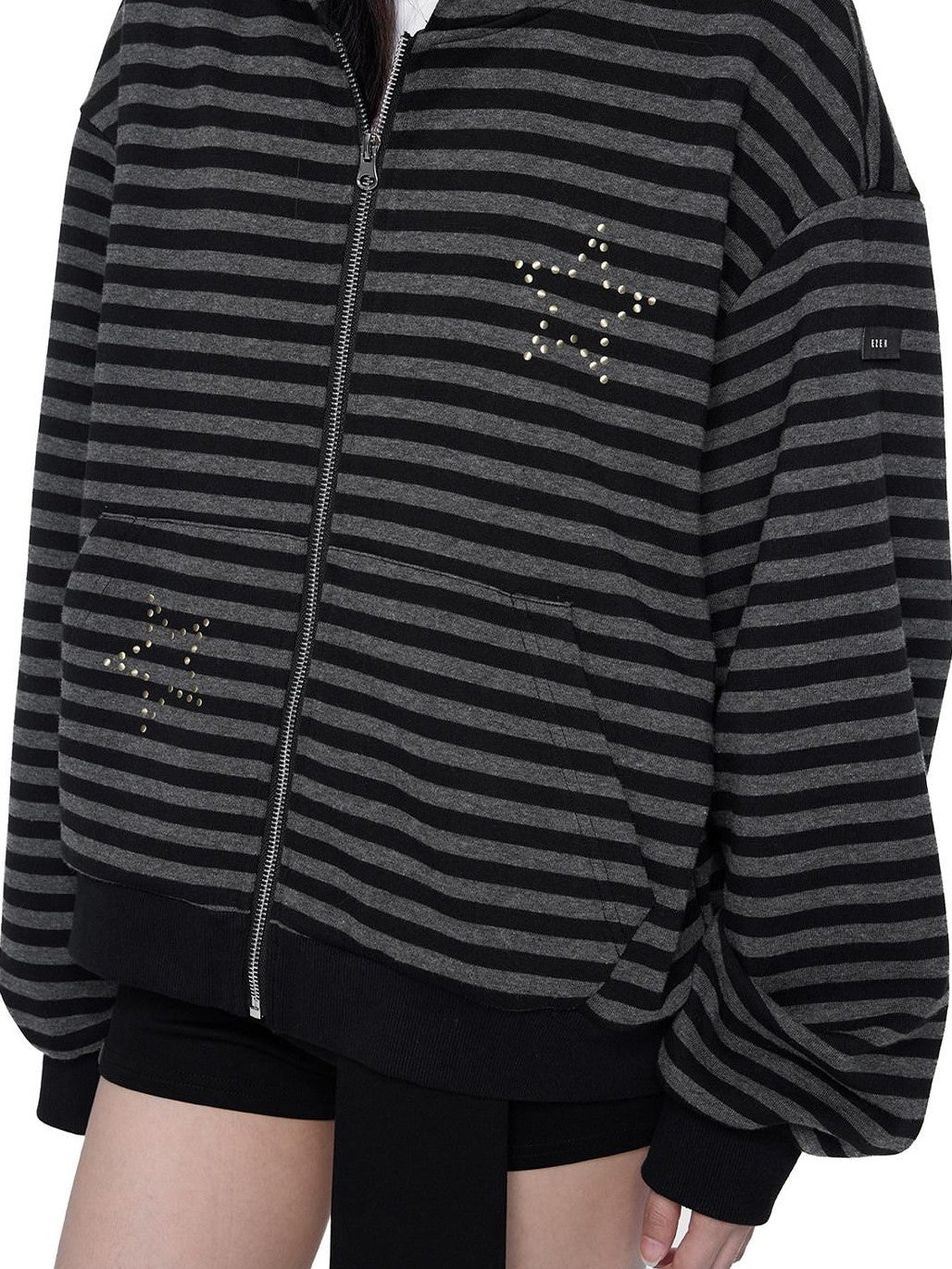 EZEK Black Gray Striped Devil Ear Detachable Fur Women's Cotton Blend Zip-up Hoodies