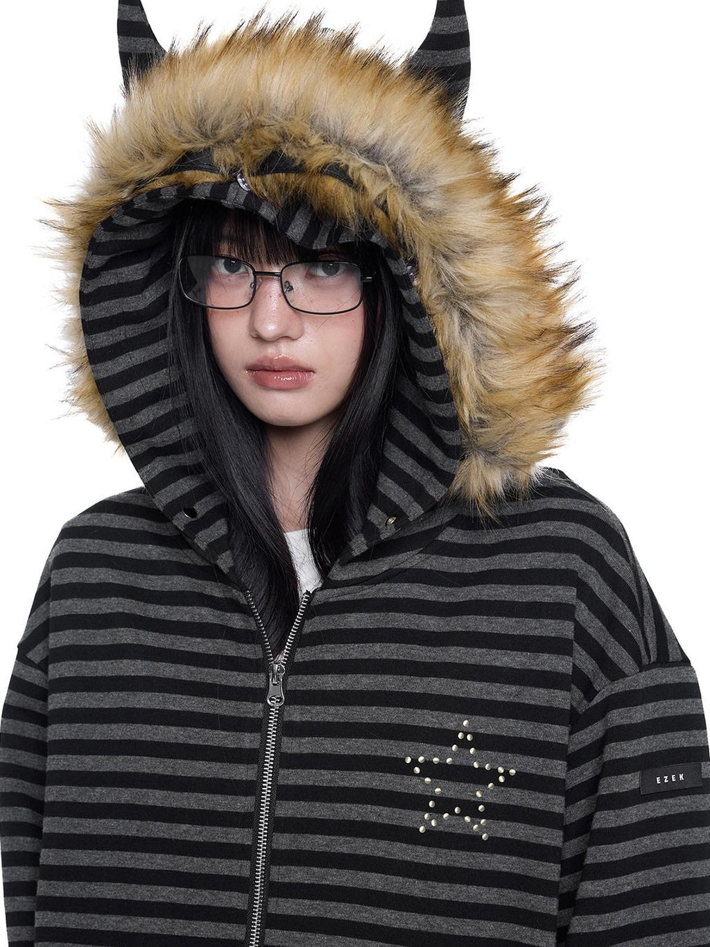 EZEK Black Gray Striped Devil Ear Detachable Fur Women's Cotton Blend Zip-up Hoodies