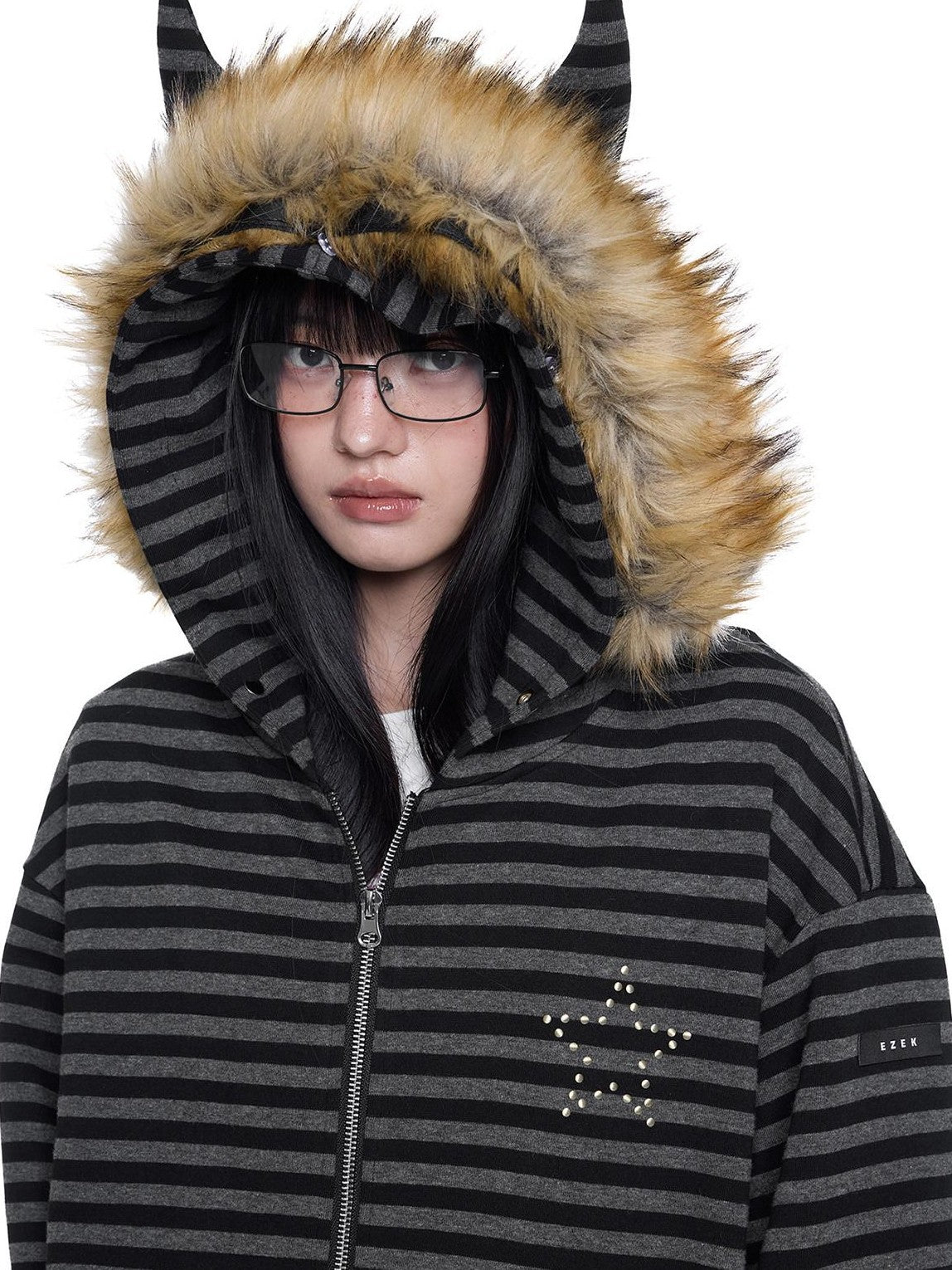 EZEK Black Gray Striped Devil Ear Detachable Fur Women's Cotton Blend Zip-up Hoodies