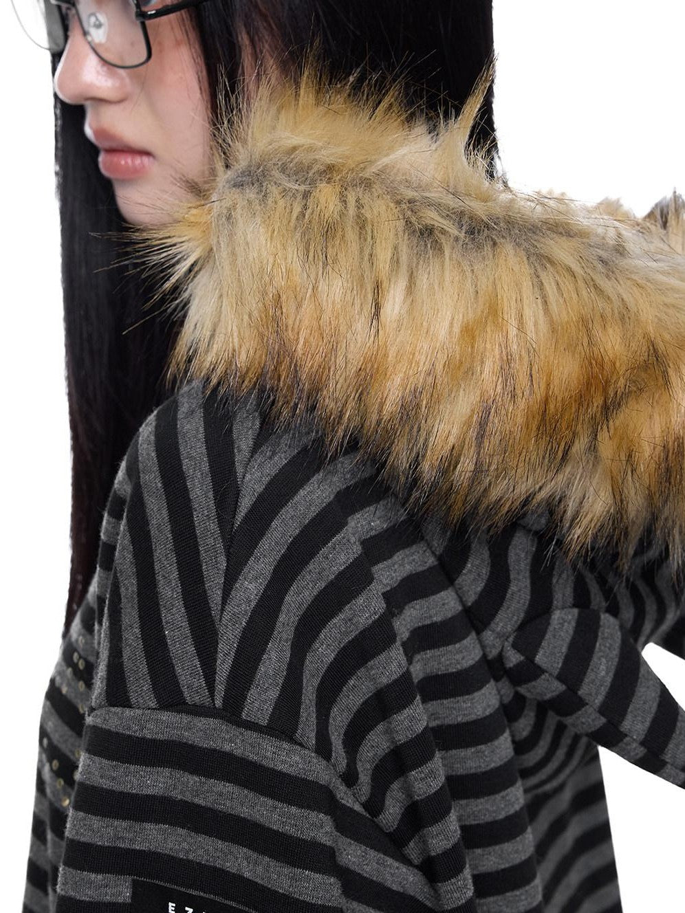 EZEK Black Gray Striped Devil Ear Detachable Fur Women's Cotton Blend Zip-up Hoodies