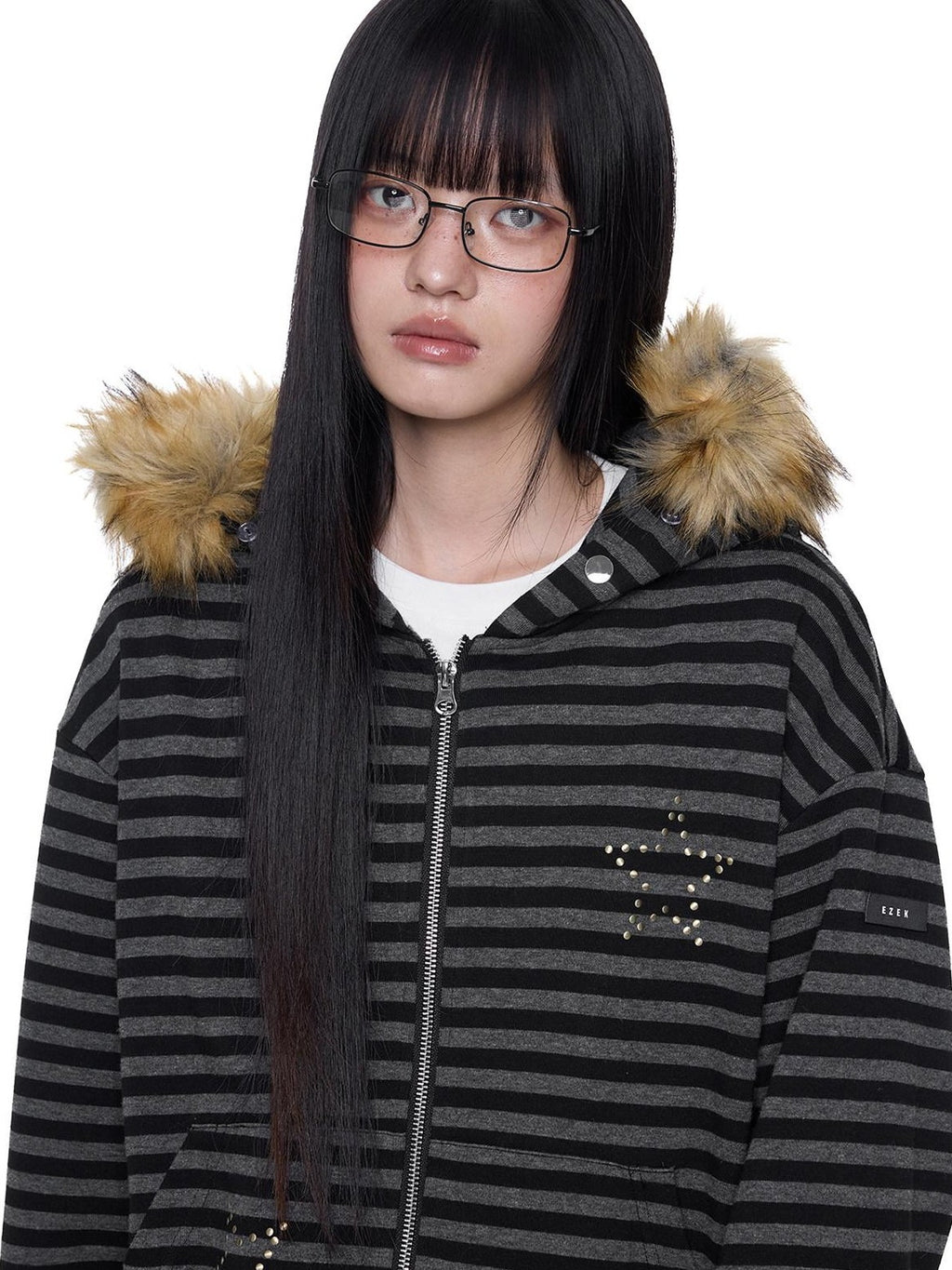 EZEK Black Gray Striped Devil Ear Detachable Fur Women's Cotton Blend Zip-up Hoodies