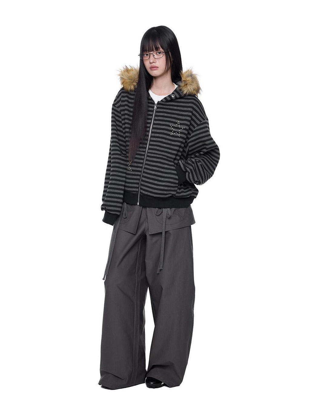 EZEK Black Gray Striped Devil Ear Detachable Fur Women's Cotton Blend Zip-up Hoodies