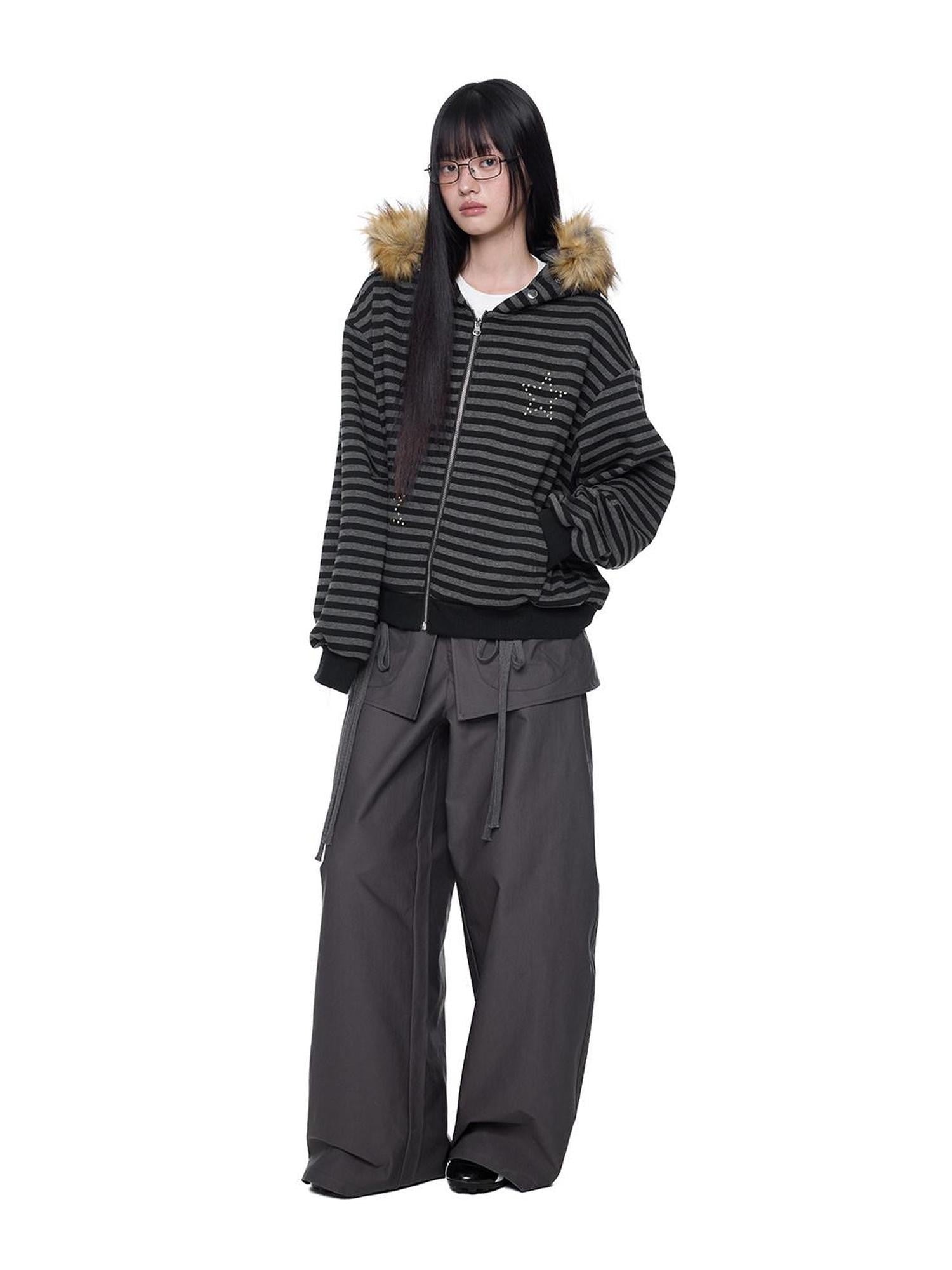 EZEK Black Gray Striped Devil Ear Detachable Fur Women's Cotton Blend Zip-up Hoodies
