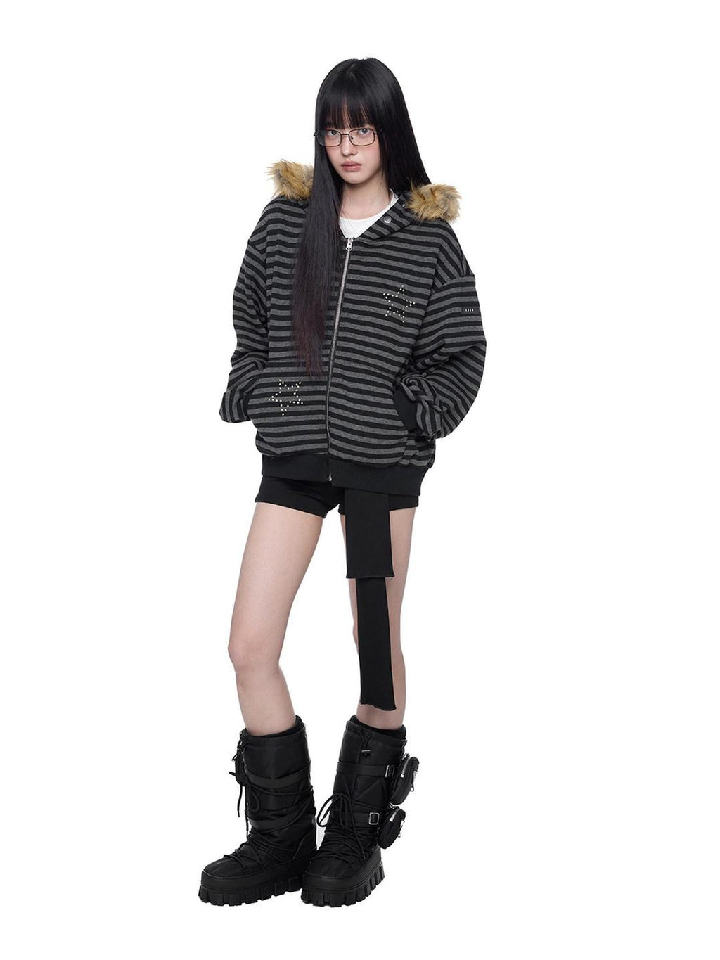 EZEK Black Gray Striped Devil Ear Detachable Fur Women's Cotton Blend Zip-up Hoodies
