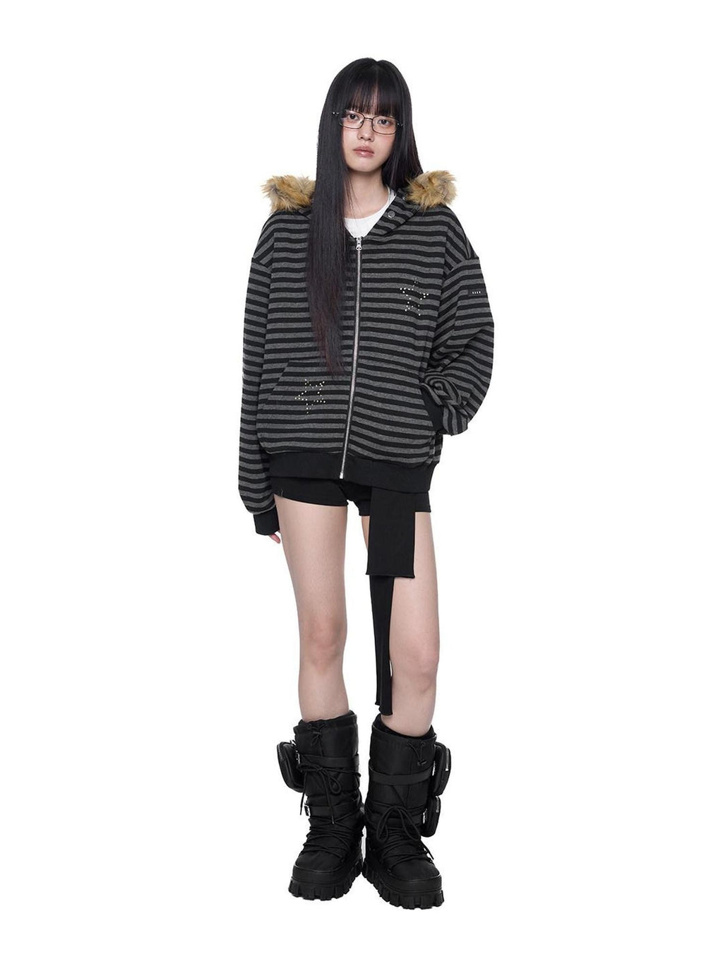 EZEK Black Gray Striped Devil Ear Detachable Fur Women's Cotton Blend Zip-up Hoodies