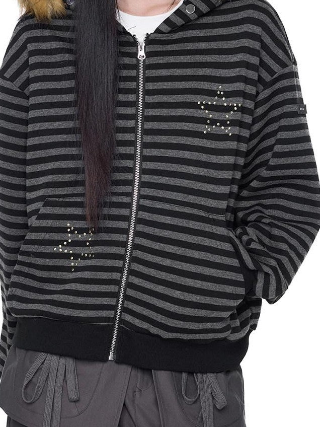 EZEK Black Gray Striped Devil Ear Detachable Fur Women's Cotton Blend Zip-up Hoodies