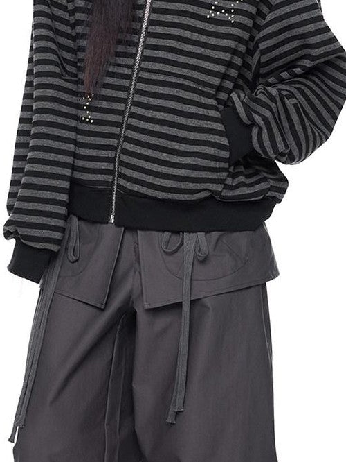 EZEK Black Gray Striped Devil Ear Detachable Fur Women's Cotton Blend Zip-up Hoodies