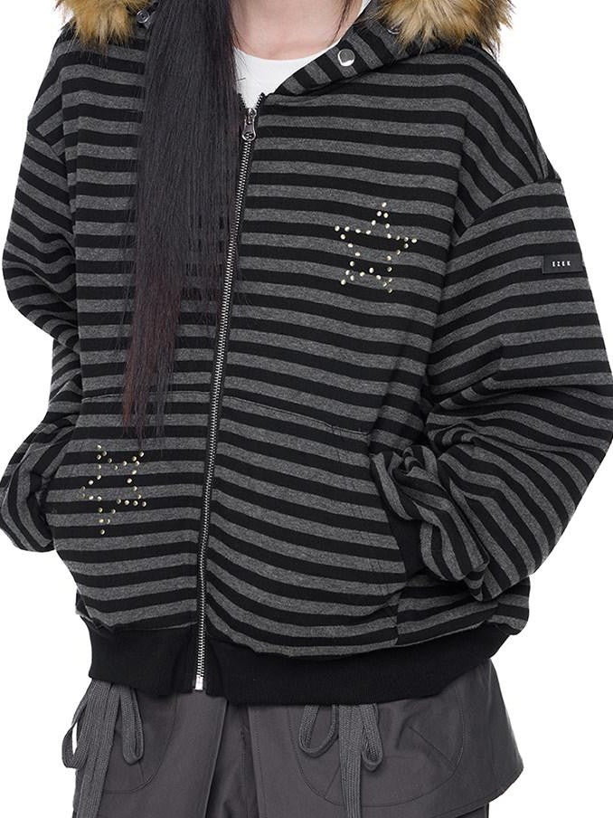 EZEK Black Gray Striped Devil Ear Detachable Fur Women's Cotton Blend Zip-up Hoodies