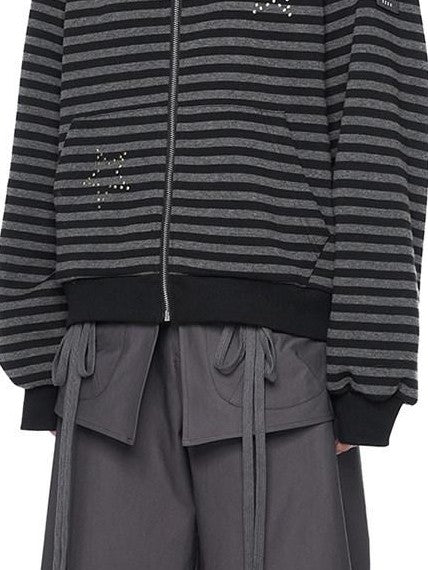 EZEK Black Gray Striped Devil Ear Detachable Fur Women's Cotton Blend Zip-up Hoodies