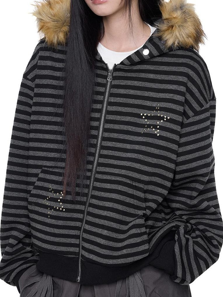 EZEK Black Gray Striped Devil Ear Detachable Fur Women's Cotton Blend Zip-up Hoodies