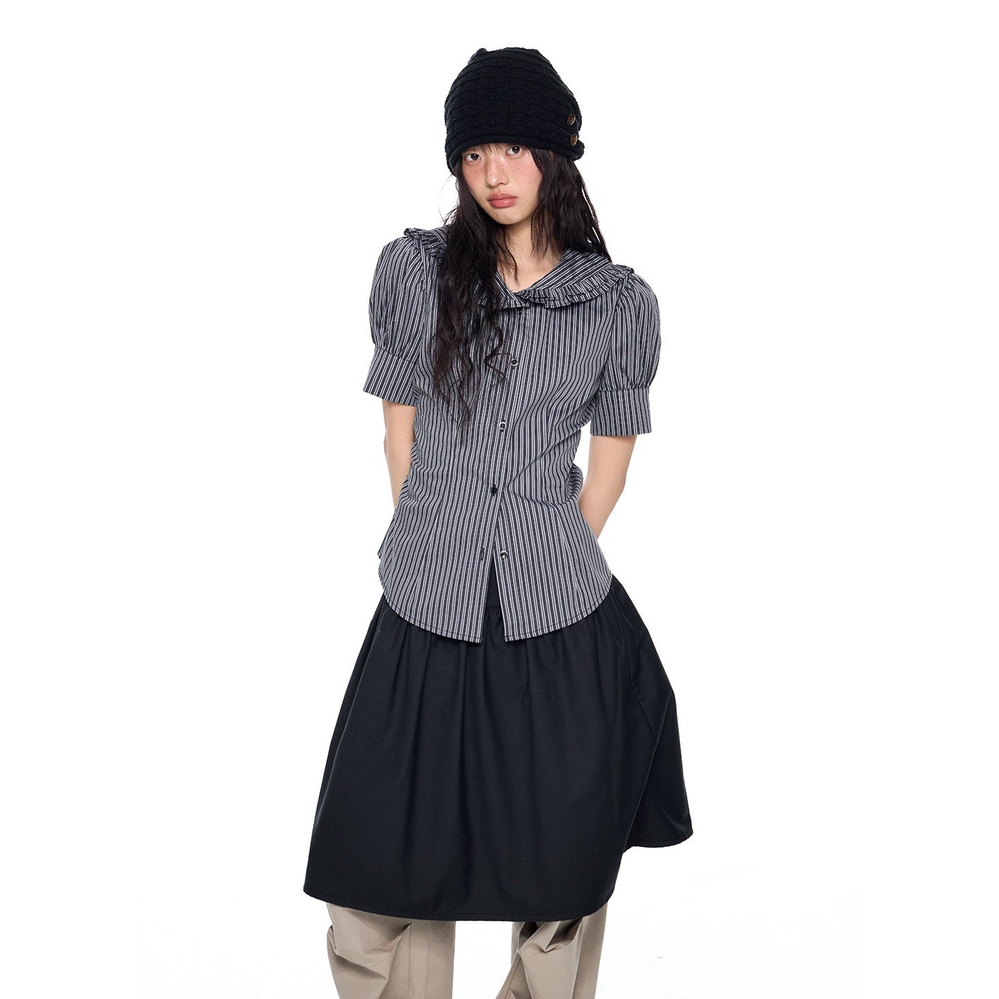 EZEK_Black_Gray_Striped_Doll_Collar_Puff_Sleeve_Slim_Women's_Short_Sleeve_T-shirts_1032925225838_MISSTT