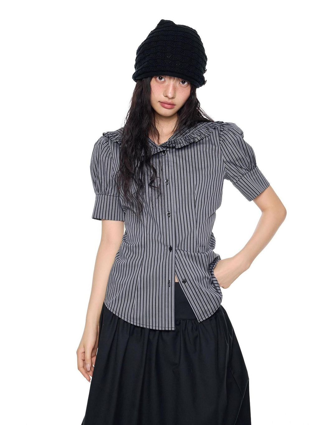 EZEK Black Gray Striped Doll Collar Puff Sleeve Slim Women's Short Sleeve T-shirts