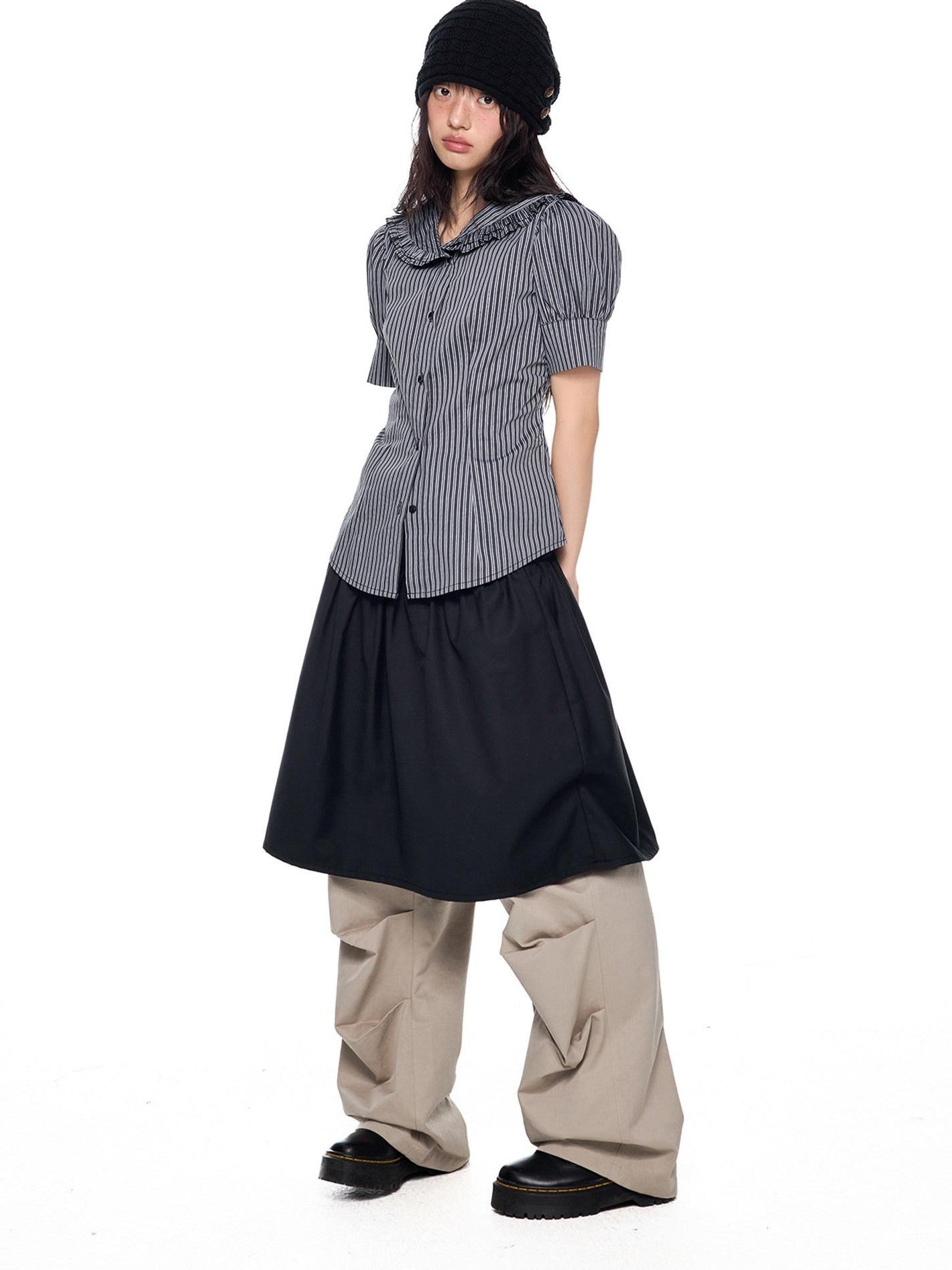 EZEK Black Gray Striped Doll Collar Puff Sleeve Slim Women's Short Sleeve T-shirts