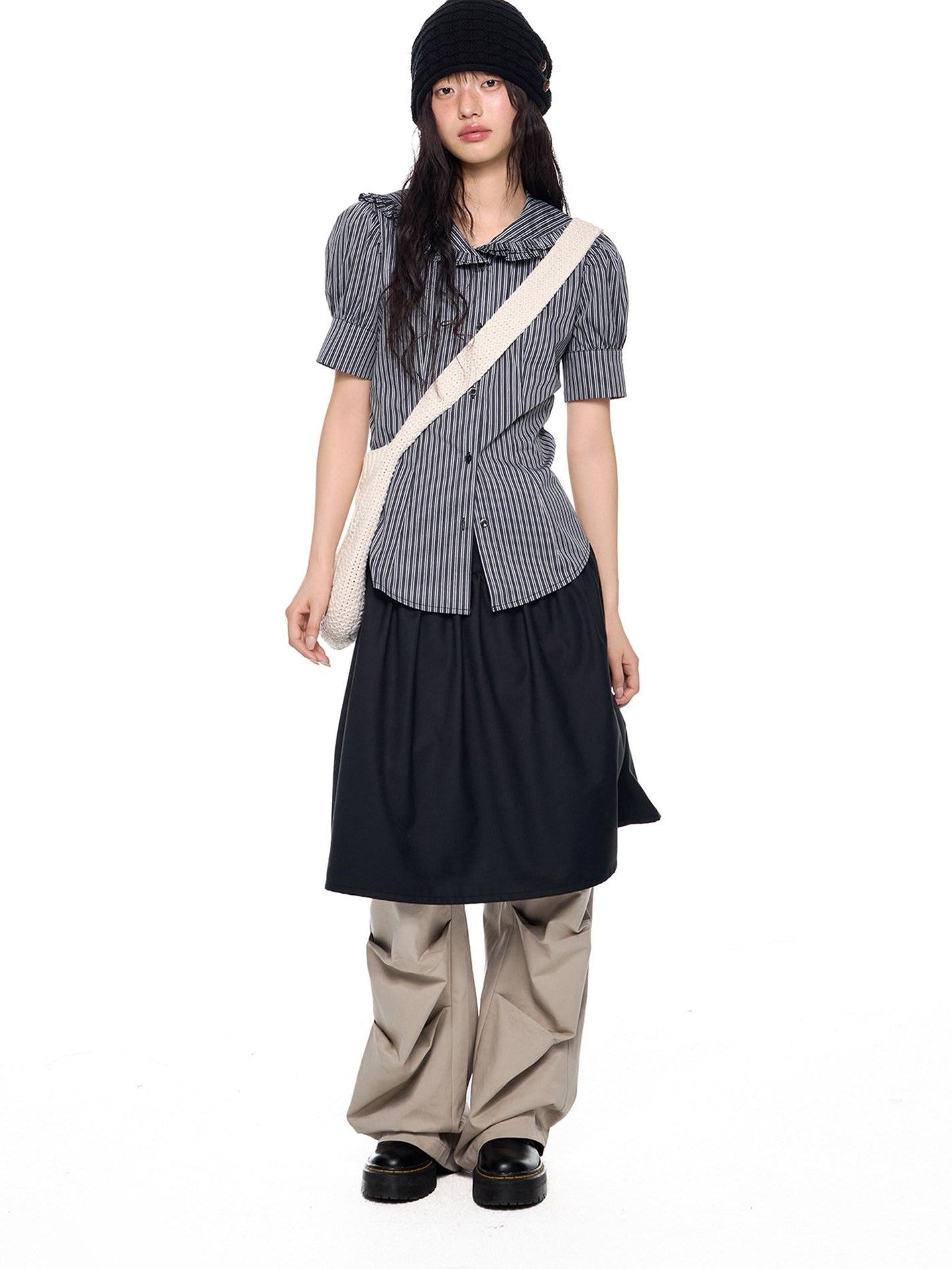 EZEK Black Gray Striped Doll Collar Puff Sleeve Slim Women's Short Sleeve T-shirts