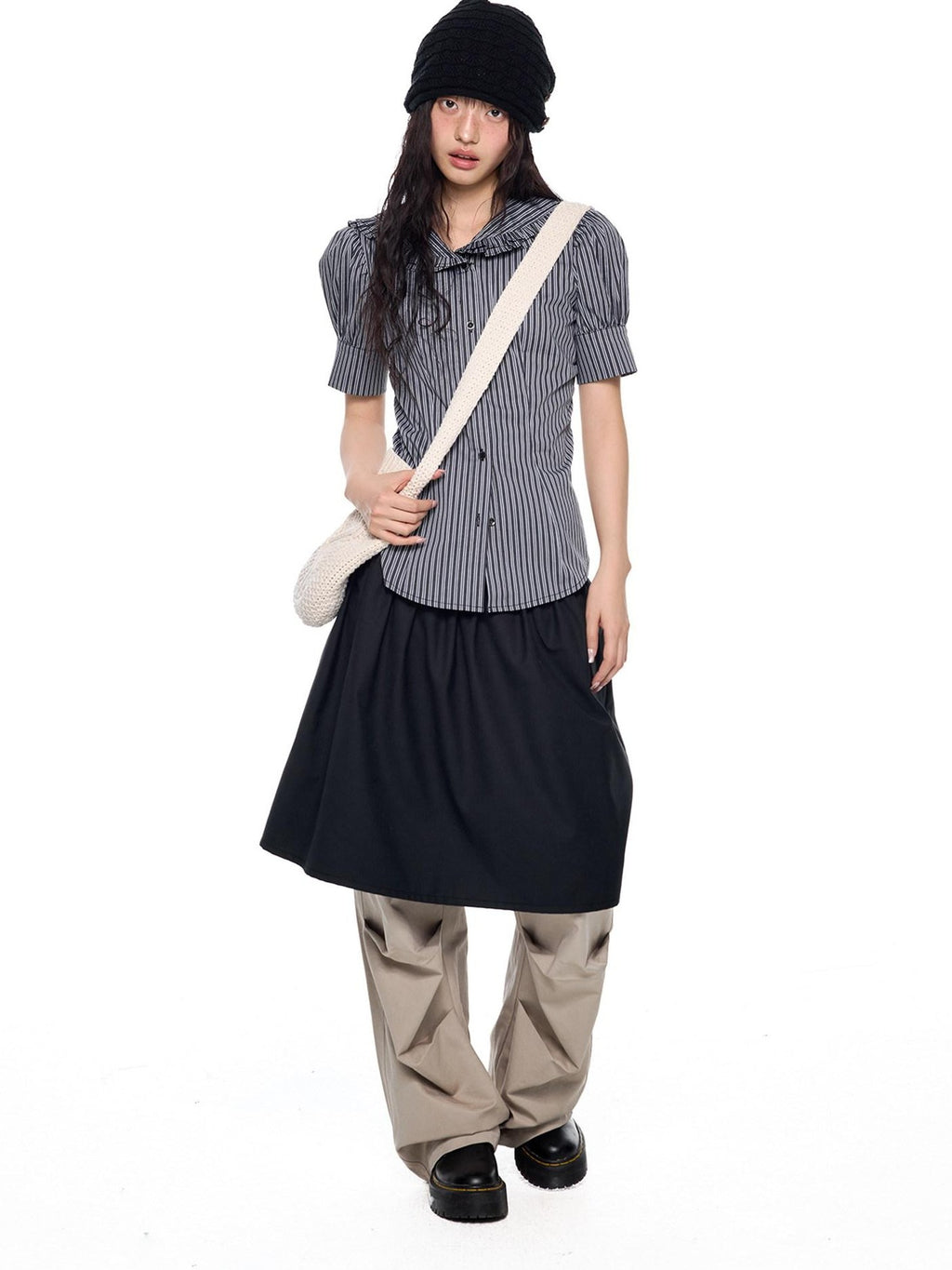 EZEK Black Gray Striped Doll Collar Puff Sleeve Slim Women's Short Sleeve T-shirts