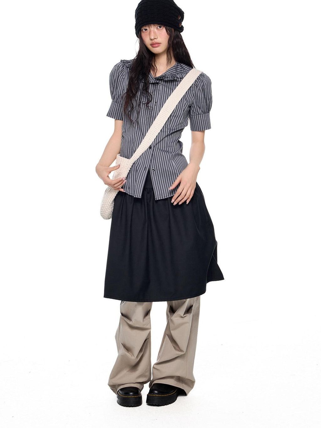 EZEK Black Gray Striped Doll Collar Puff Sleeve Slim Women's Short Sleeve T-shirts