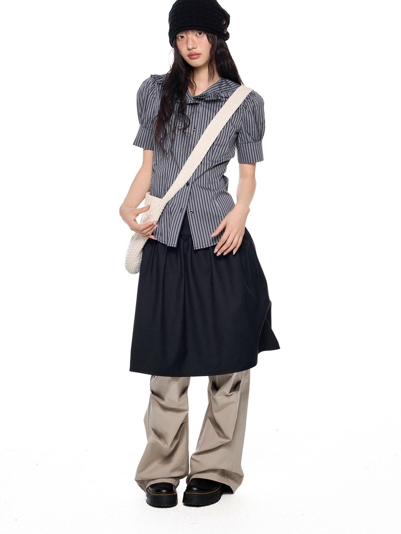 EZEK Black Gray Striped Doll Collar Puff Sleeve Slim Women's Short Sleeve T-shirts