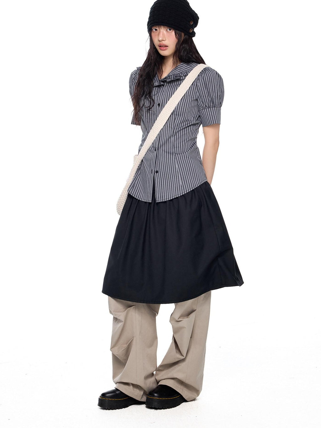 EZEK Black Gray Striped Doll Collar Puff Sleeve Slim Women's Short Sleeve T-shirts