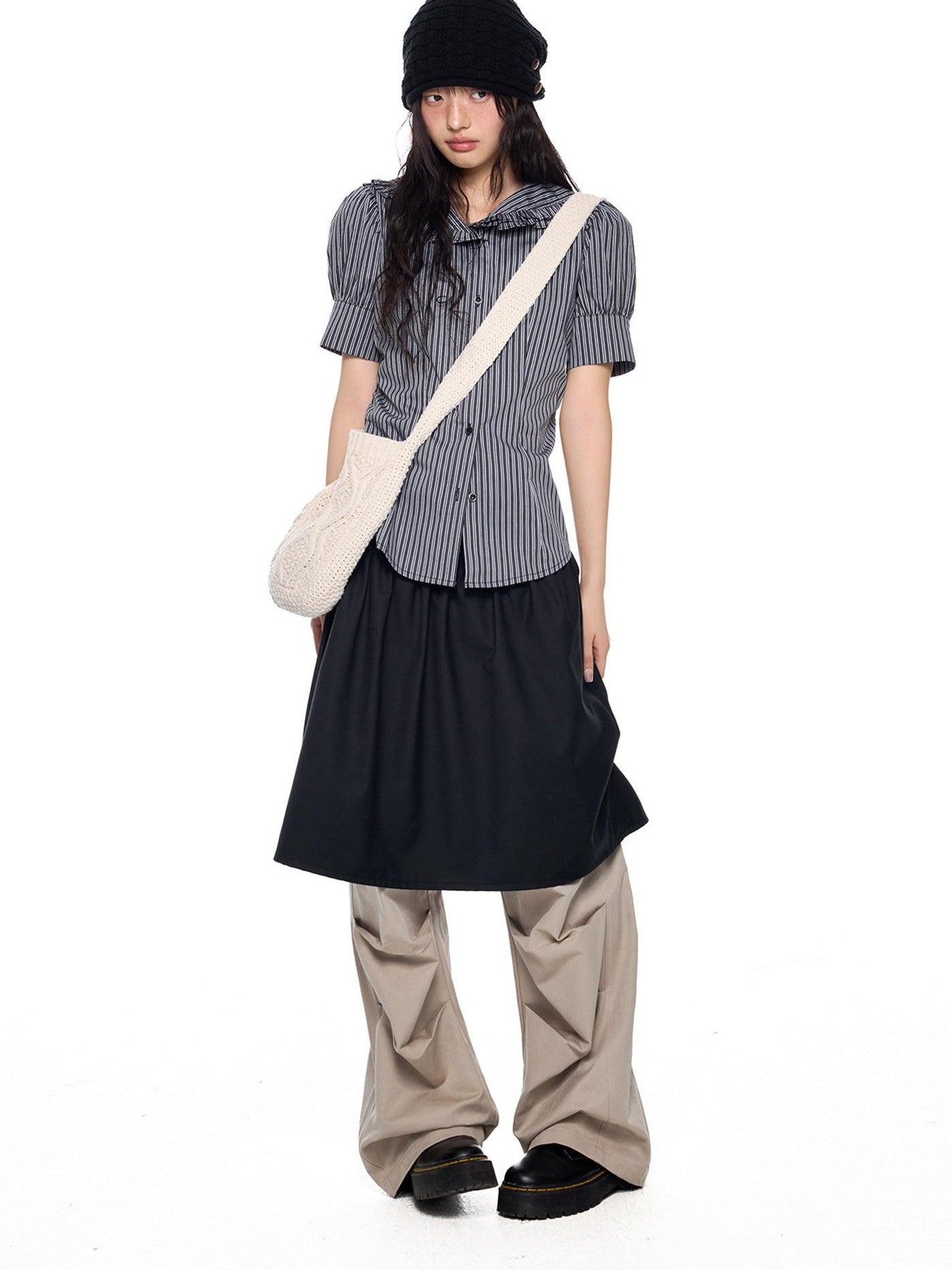 EZEK Black Gray Striped Doll Collar Puff Sleeve Slim Women's Short Sleeve T-shirts