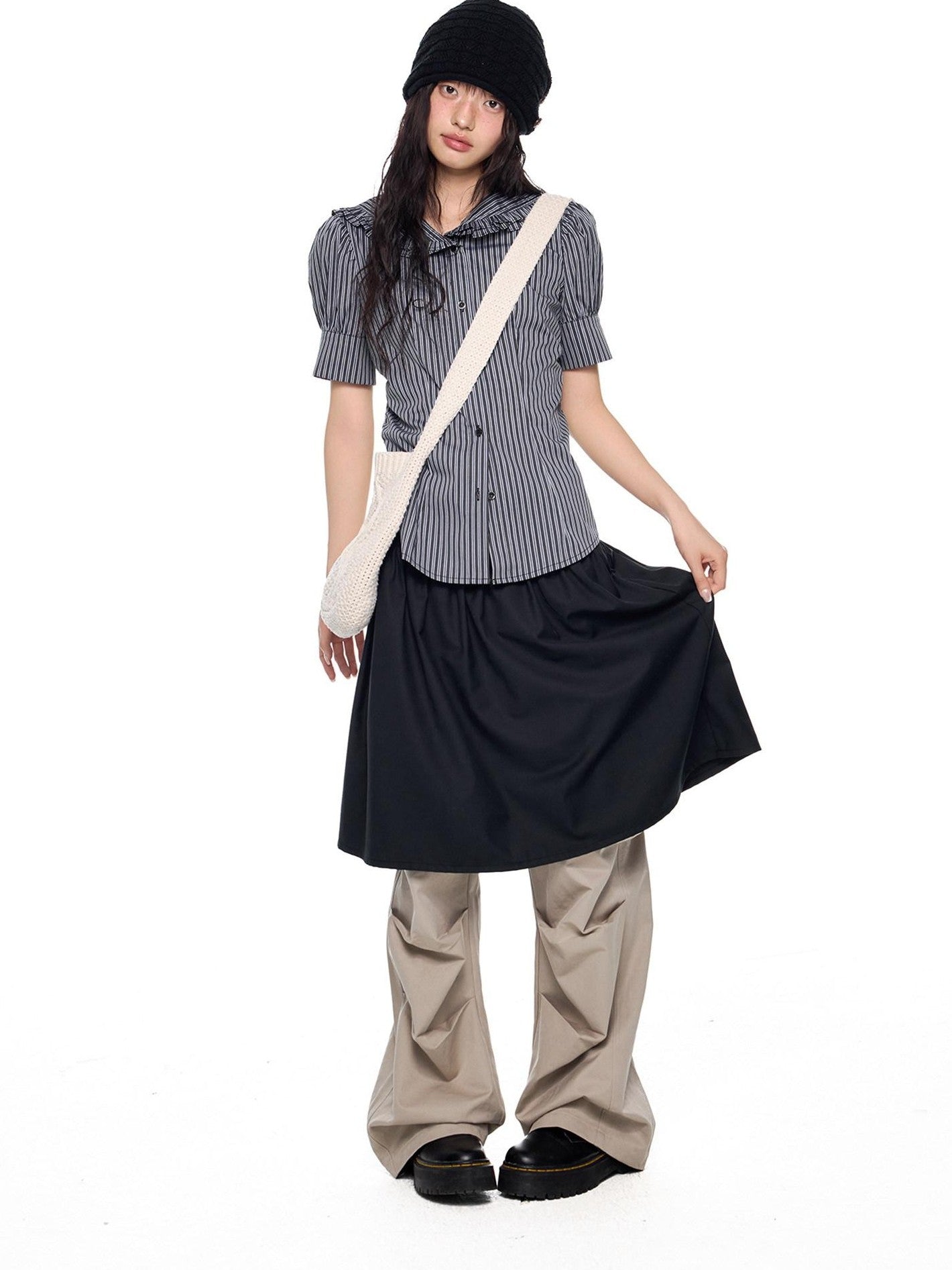 EZEK Black Gray Striped Doll Collar Puff Sleeve Slim Women's Short Sleeve T-shirts