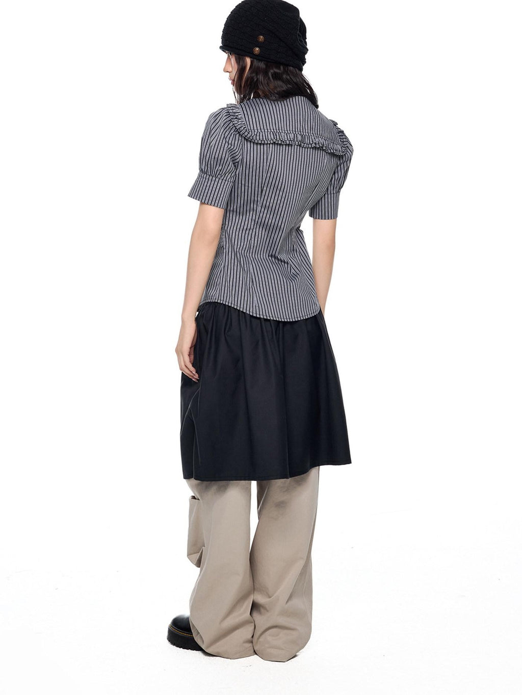 EZEK Black Gray Striped Doll Collar Puff Sleeve Slim Women's Short Sleeve T-shirts