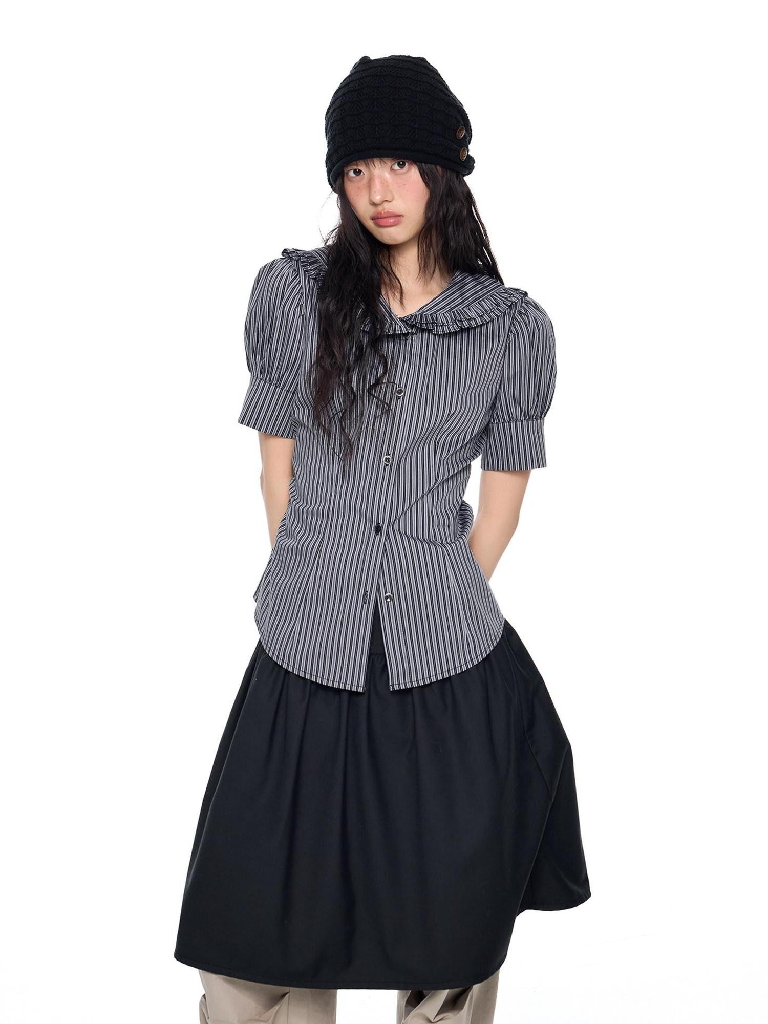 EZEK Black Gray Striped Doll Collar Puff Sleeve Slim Women's Short Sleeve T-shirts