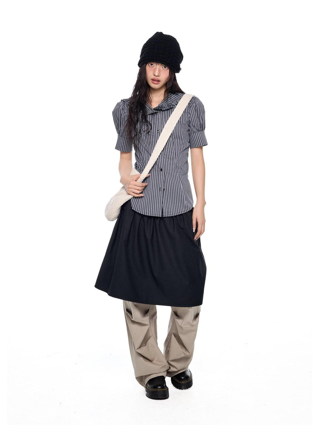 EZEK Black Gray Striped Doll Collar Puff Sleeve Slim Women's Short Sleeve T-shirts