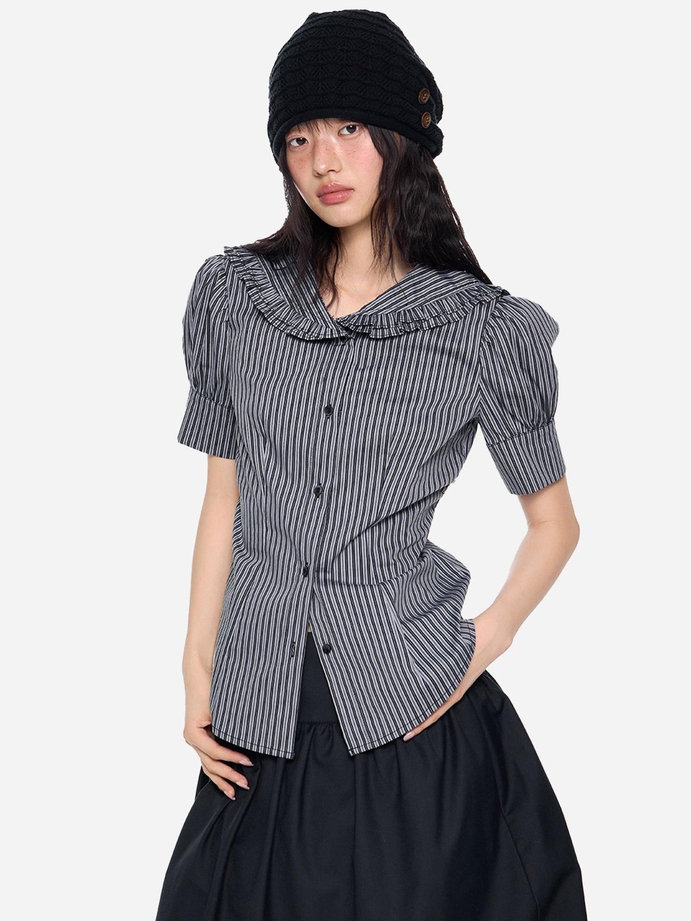 EZEK Black Gray Striped Doll Collar Puff Sleeve Slim Women's Short Sleeve T-shirts