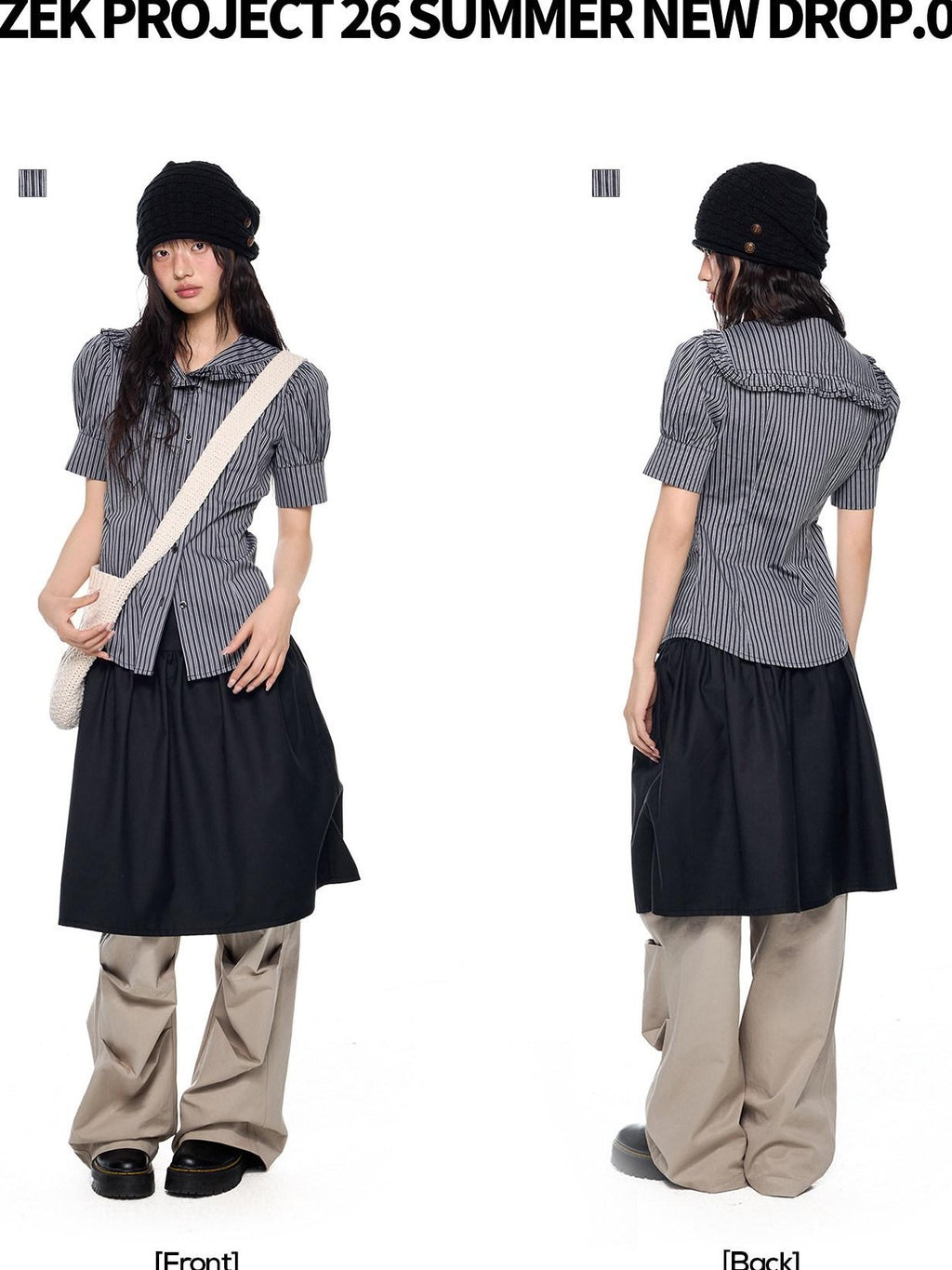 EZEK Black Gray Striped Doll Collar Puff Sleeve Slim Women's Short Sleeve T-shirts