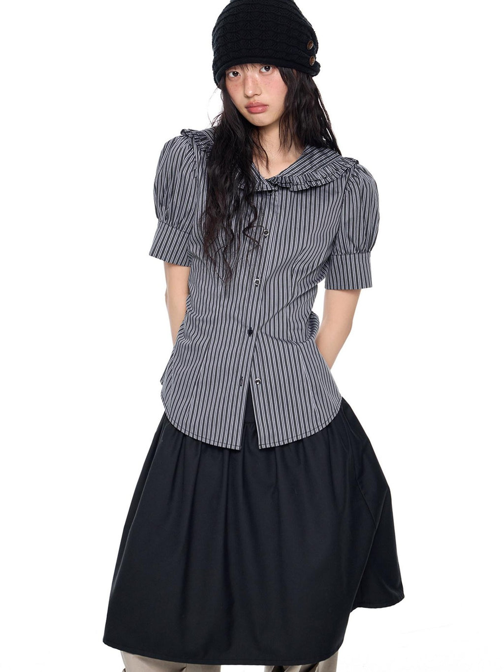 EZEK Black Gray Striped Doll Collar Puff Sleeve Slim Women's Short Sleeve T-shirts