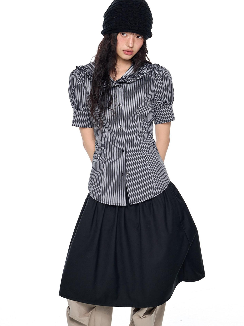 EZEK Black Gray Striped Doll Collar Puff Sleeve Slim Women's Short Sleeve T-shirts