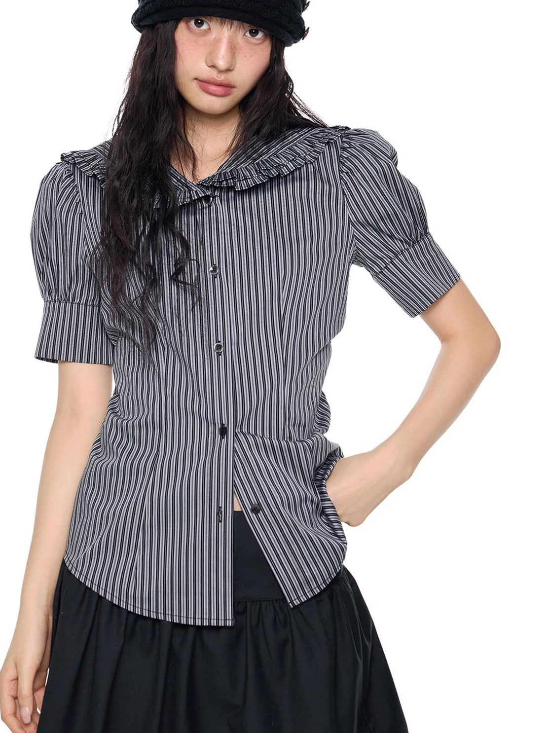 EZEK Black Gray Striped Doll Collar Puff Sleeve Slim Women's Short Sleeve T-shirts