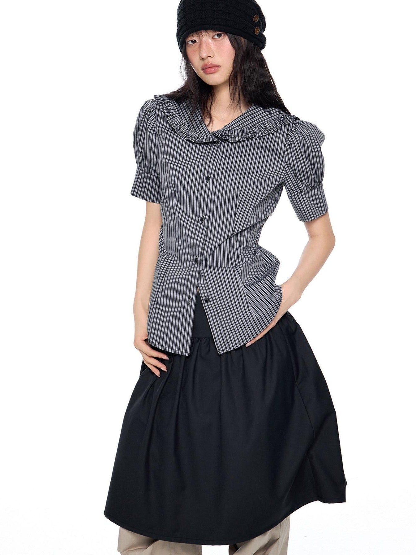 EZEK Black Gray Striped Doll Collar Puff Sleeve Slim Women's Short Sleeve T-shirts