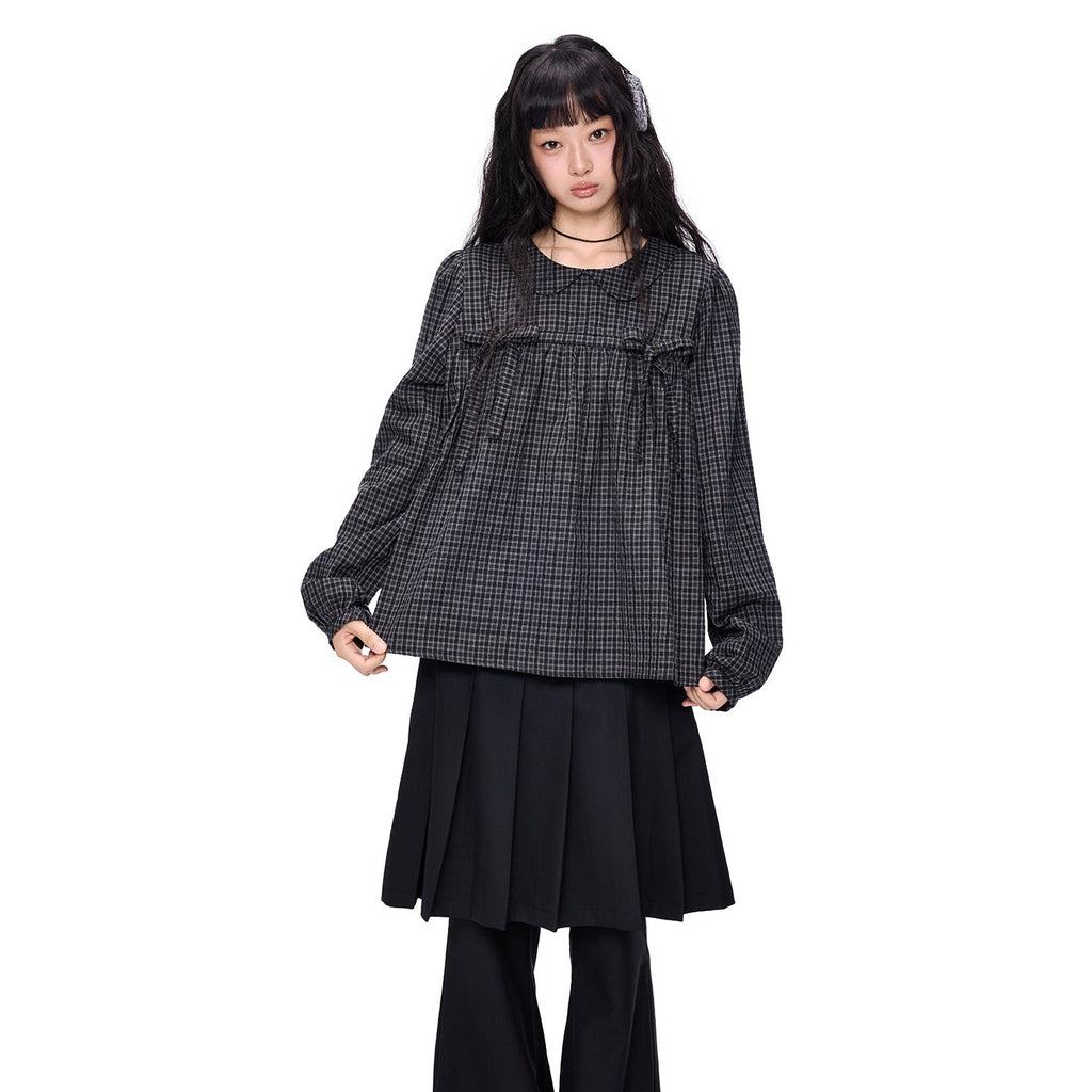 EZEK_Black_Grey_Check_Tie_Front_Peter_Pan_Collar_Women's_Cotton_Blouses_1062014289937_MISSTT