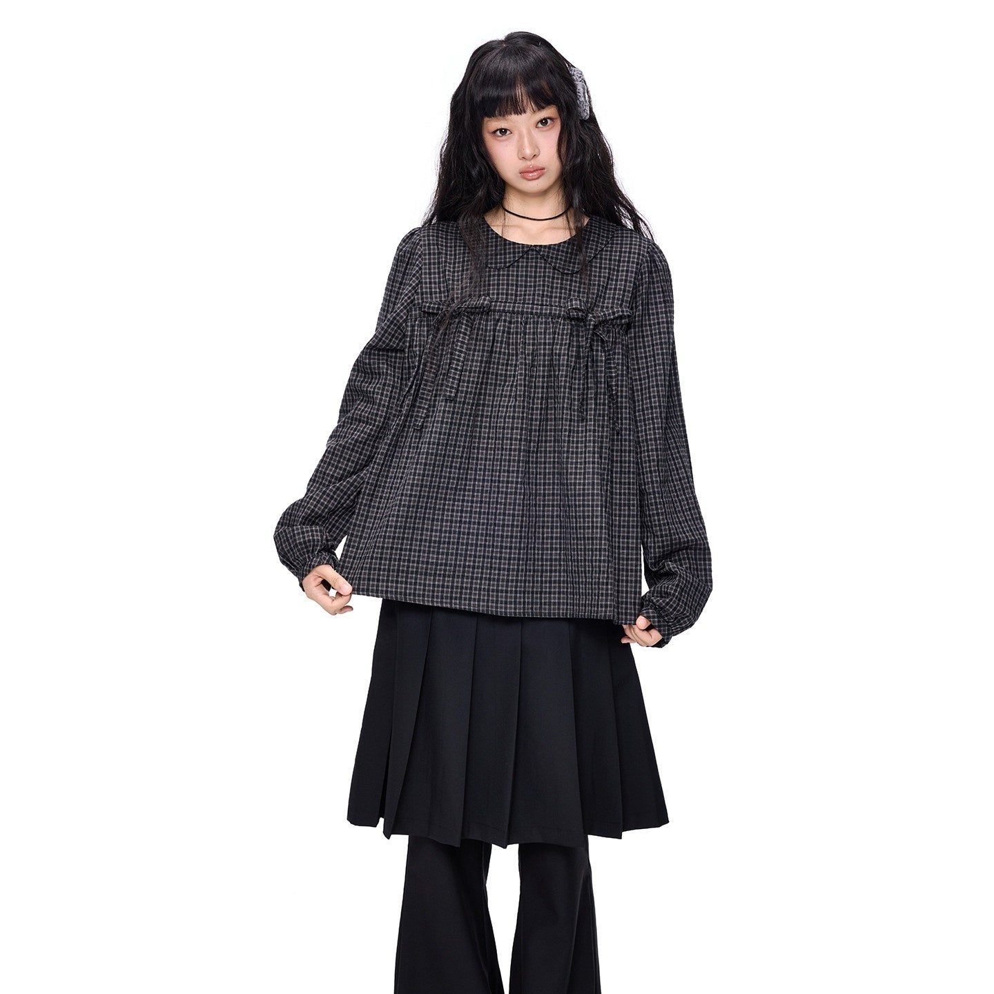 EZEK_Black_Grey_Check_Tie_Front_Peter_Pan_Collar_Women's_Cotton_Blouses_1062014289937_MISSTT