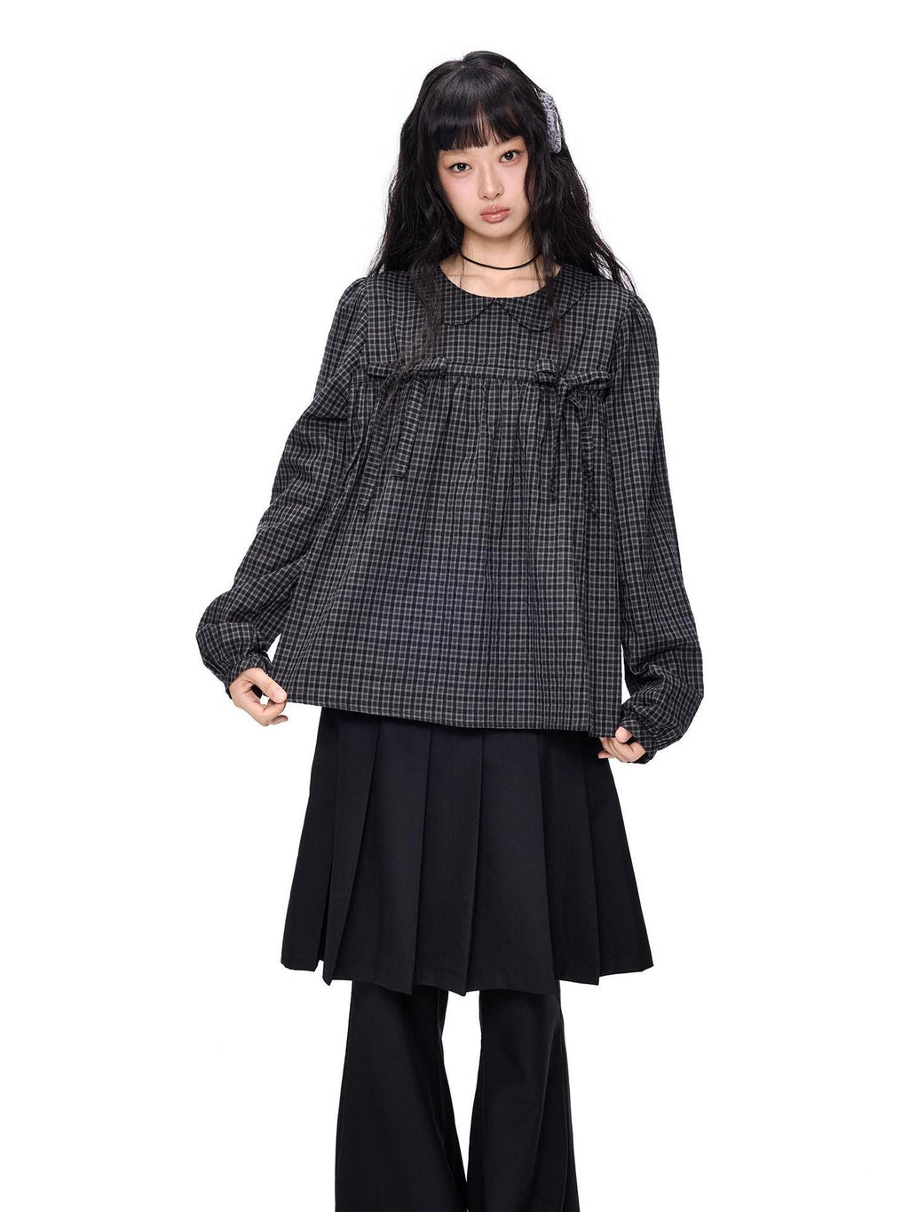 EZEK Black Grey Check Tie Front Peter Pan Collar Women's Cotton Blouses